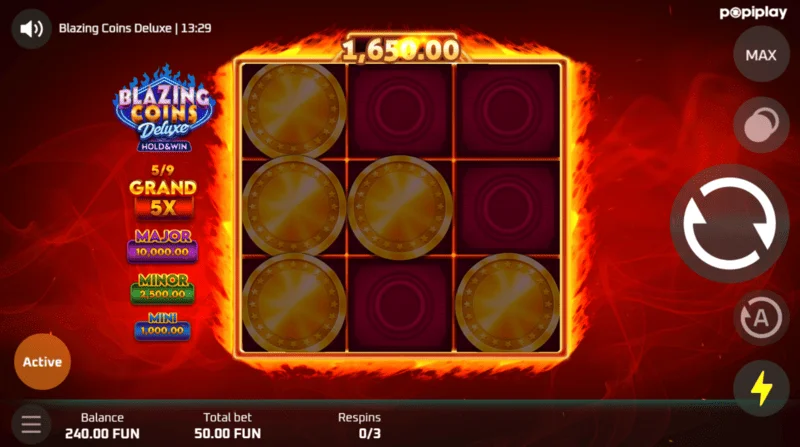 Blazing Coins Deluxeリスピンゲーミングスクリーン