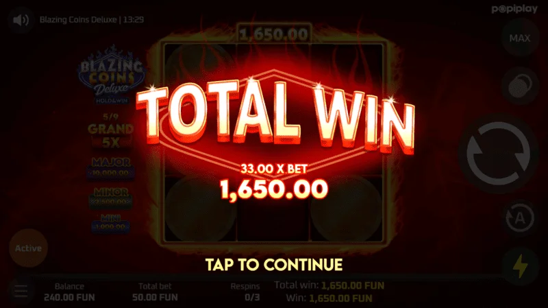 Blazing Coins Deluxeリスピン合計勝利
